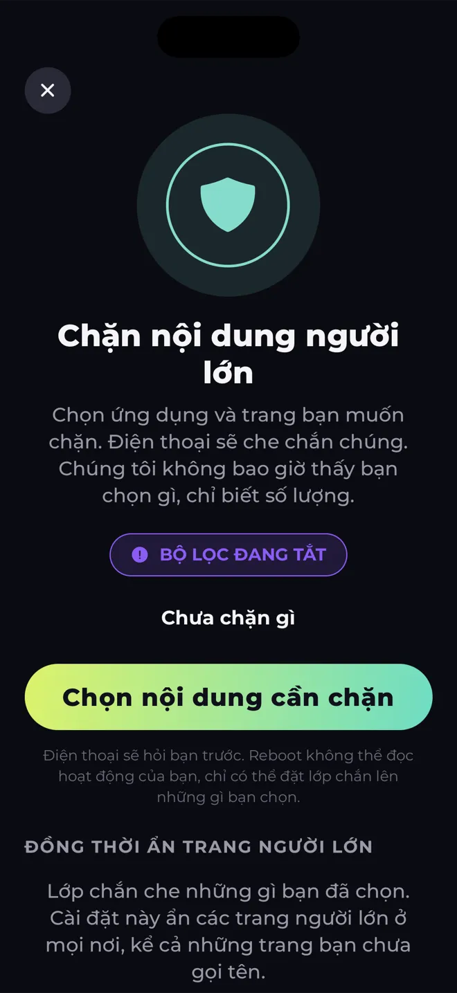 Màn hình chặn nội dung người lớn trong ứng dụng Reboot với hình khiên và nút Chọn nội dung cần chặn