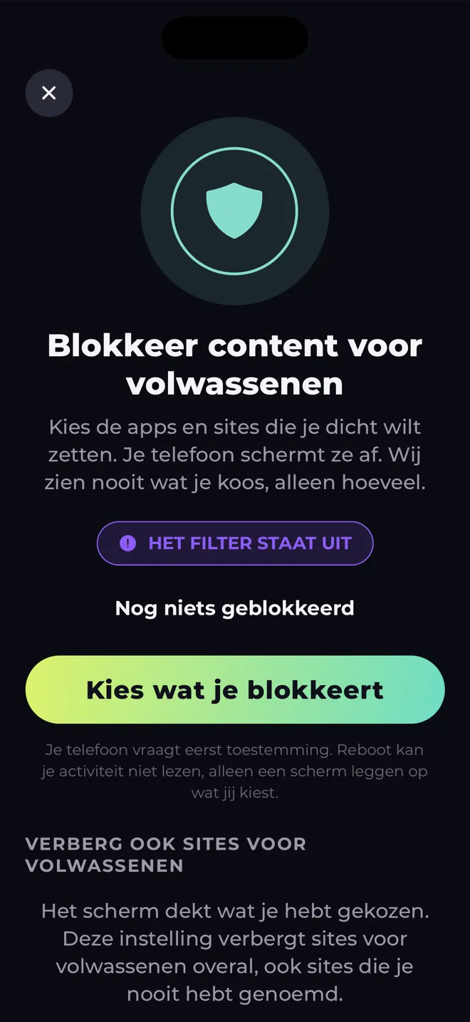 Scherm Blokkeer content voor volwassenen in de Reboot-app met een schild en de knop Kies wat je blokkeert
