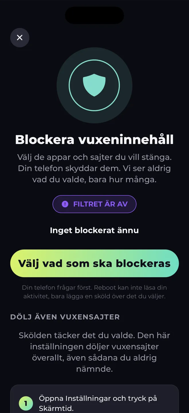 Skärmen Blockera vuxeninnehåll i Reboot-appen med en sköld och knappen Välj vad som ska blockeras