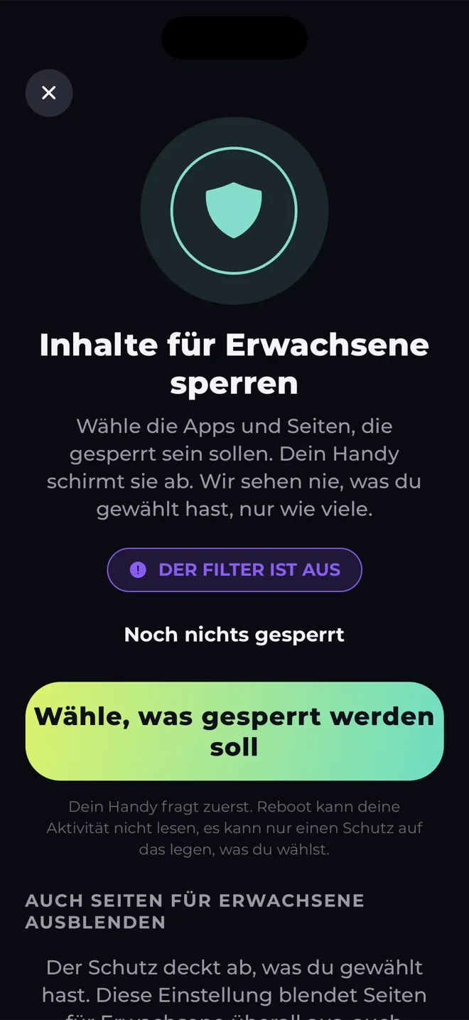 Bildschirm zum Sperren von Inhalten für Erwachsene in der Reboot-App mit einem Schild und der Schaltfläche zur Auswahl der gesperrten Inhalte