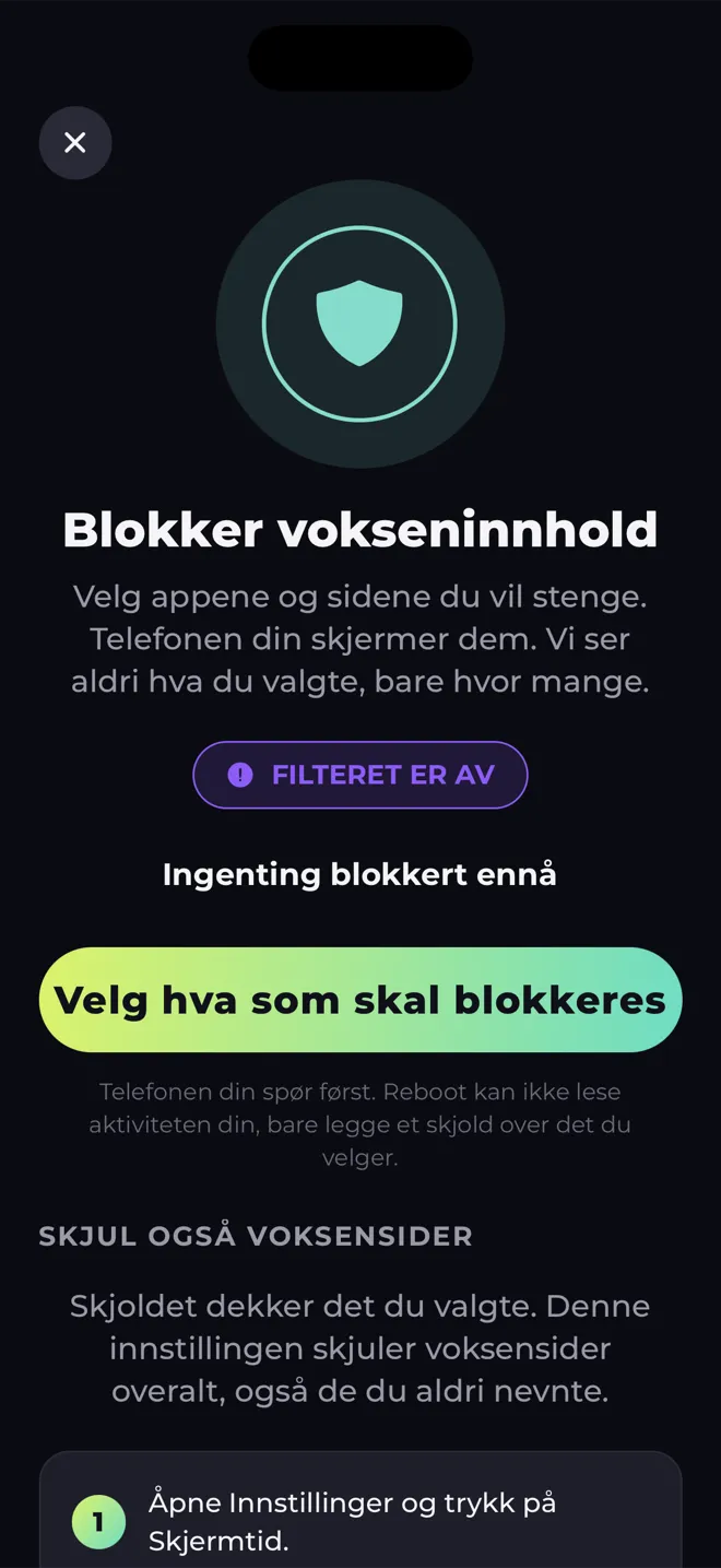 Skjermen Blokker vokseninnhold i Reboot-appen med et skjold og knappen Velg hva som skal blokkeres