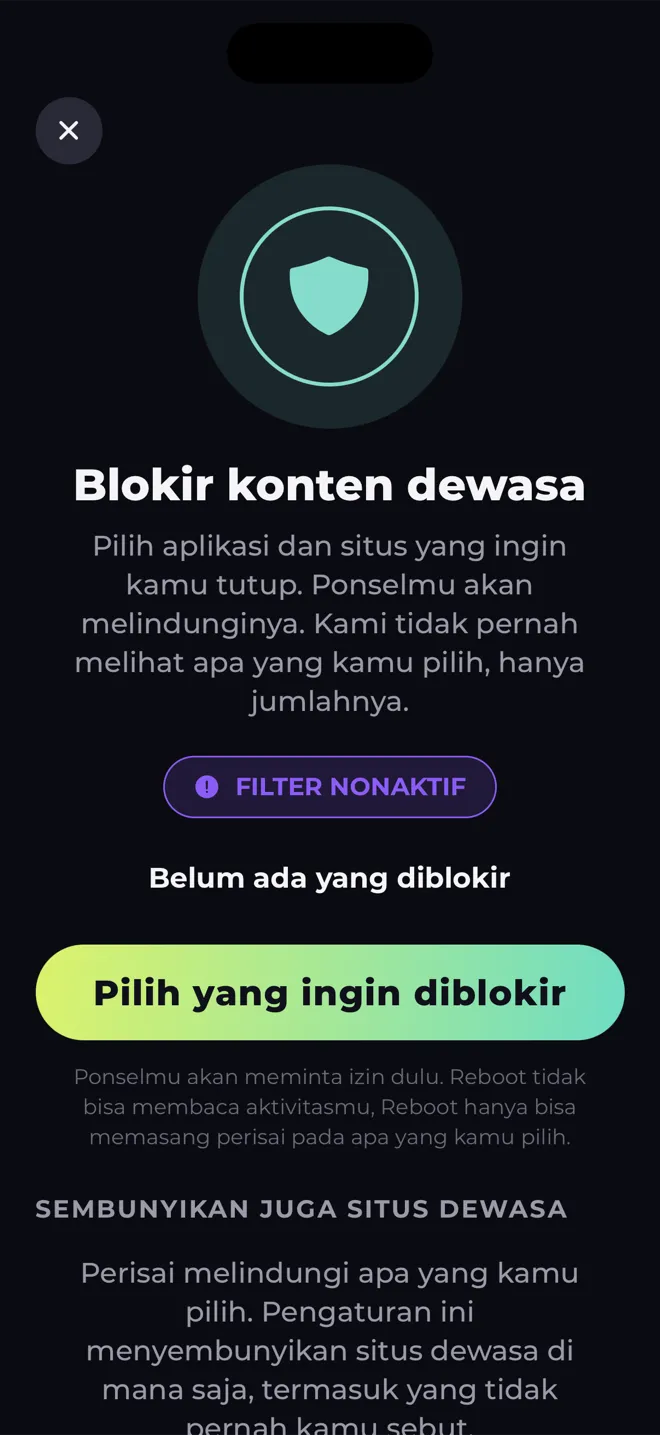 Layar blokir konten dewasa di aplikasi Reboot dengan perisai dan tombol untuk memilih apa yang diblokir