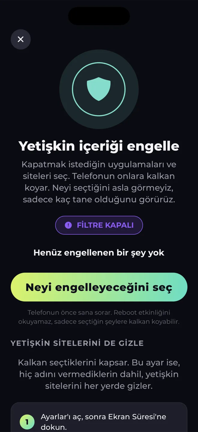 Reboot uygulamasındaki yetişkin içeriğini engelleme ekranı: bir kalkan ve Neyi engelleyeceğini seç düğmesi