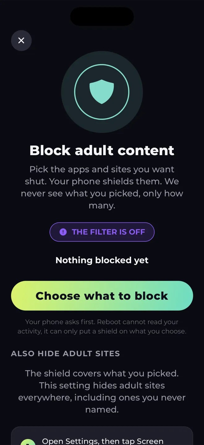 Block adult content screen in the Reboot app with a shield and the Choose what to block button