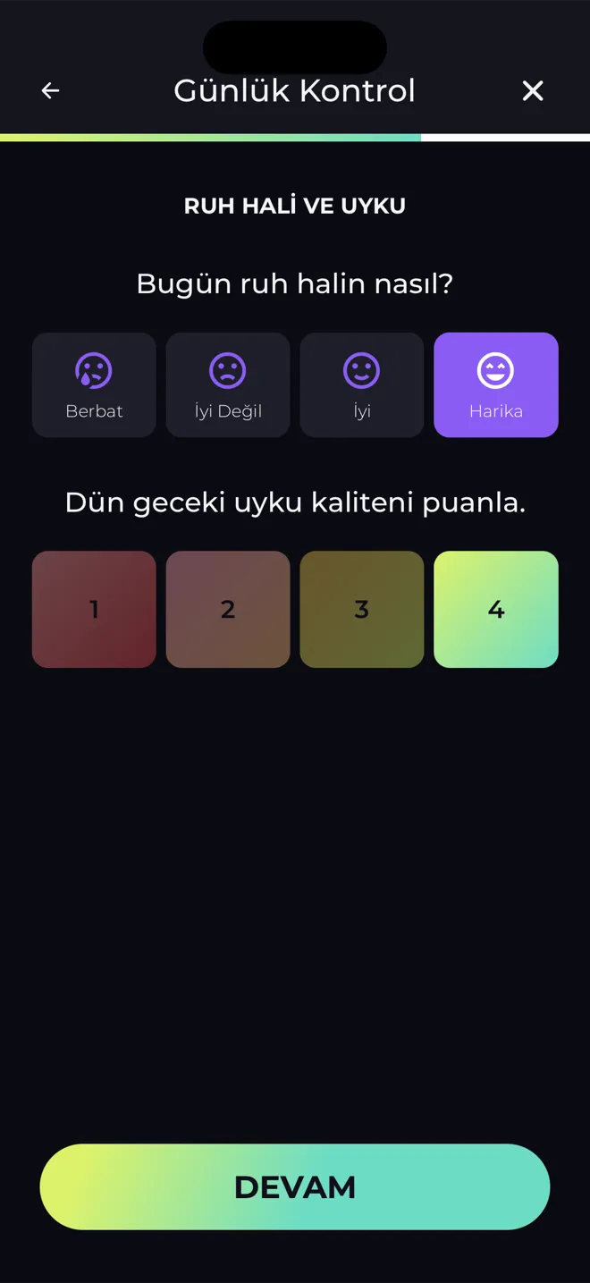 Reboot uygulamasındaki Günlük Kontrol ekranı: bugünkü ruh halini ve dün geceki uyku kaliteni sorar
