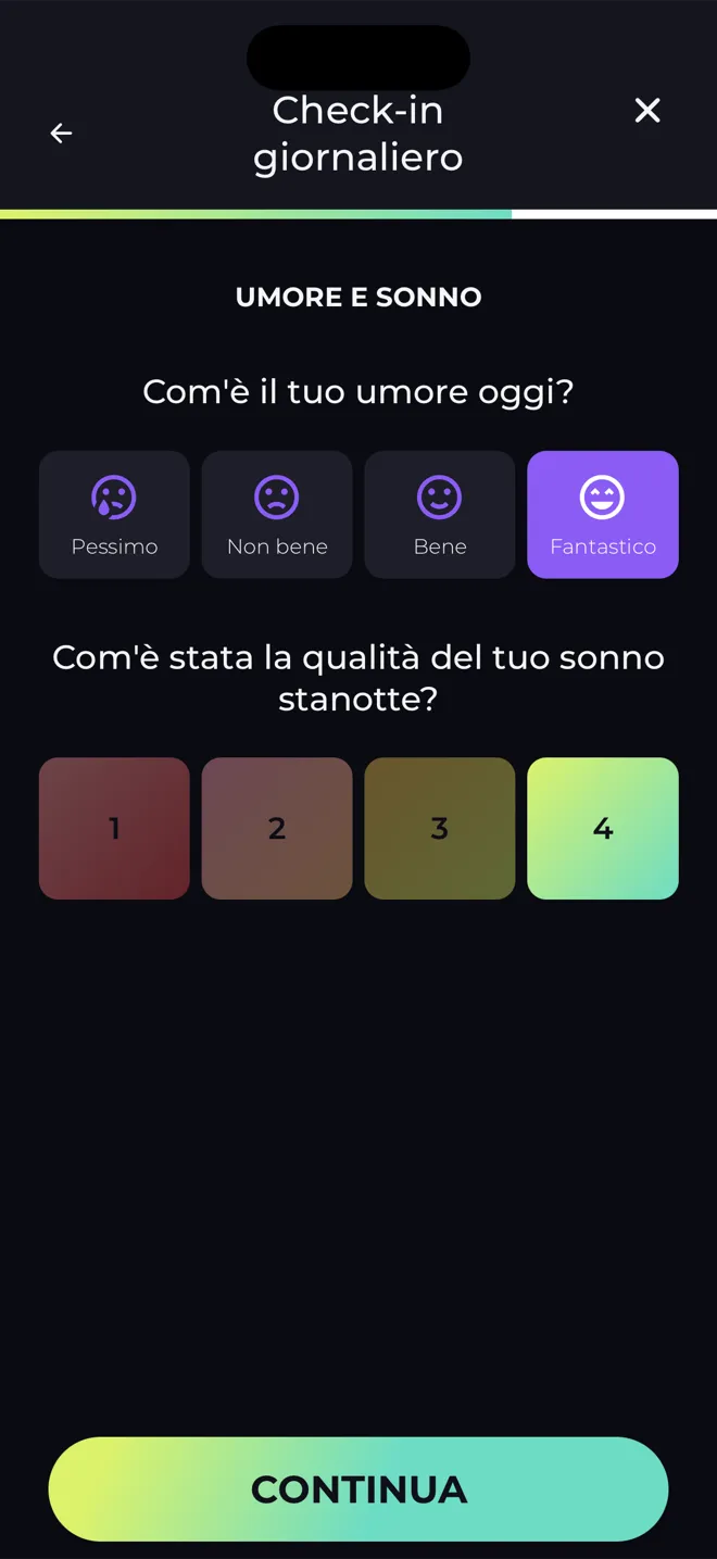 Schermata Check-in giornaliero nell'app Reboot che chiede com'è il tuo umore oggi e la qualità del tuo sonno stanotte