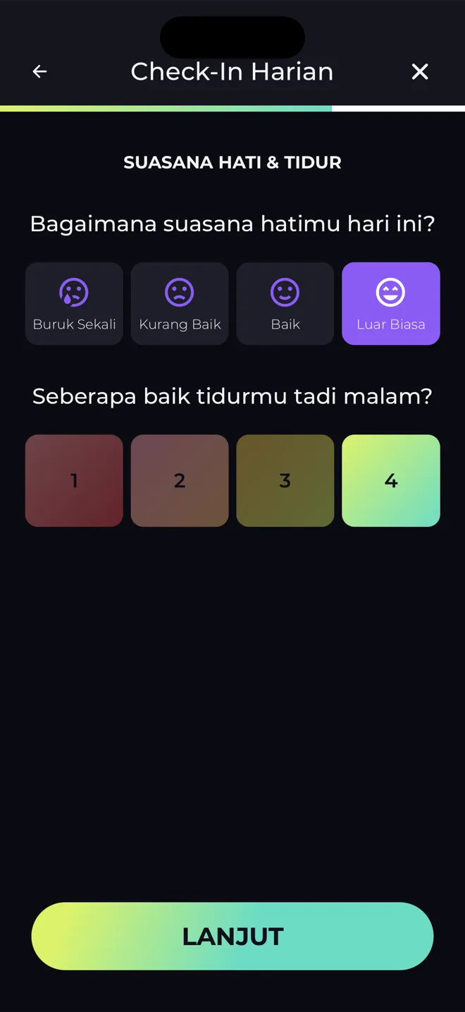 Layar Check-In Harian di aplikasi Reboot yang menanyakan suasana hatimu hari ini dan kualitas tidurmu tadi malam