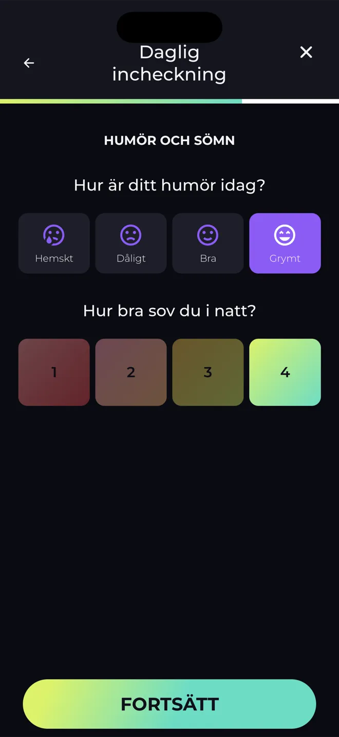 Skärmen Daglig incheckning i Reboot-appen som frågar om ditt humör idag och din sömnkvalitet i natt