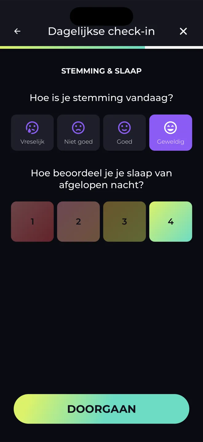 Scherm Dagelijkse check-in in de Reboot-app met vragen over je stemming vandaag en je slaapkwaliteit van afgelopen nacht