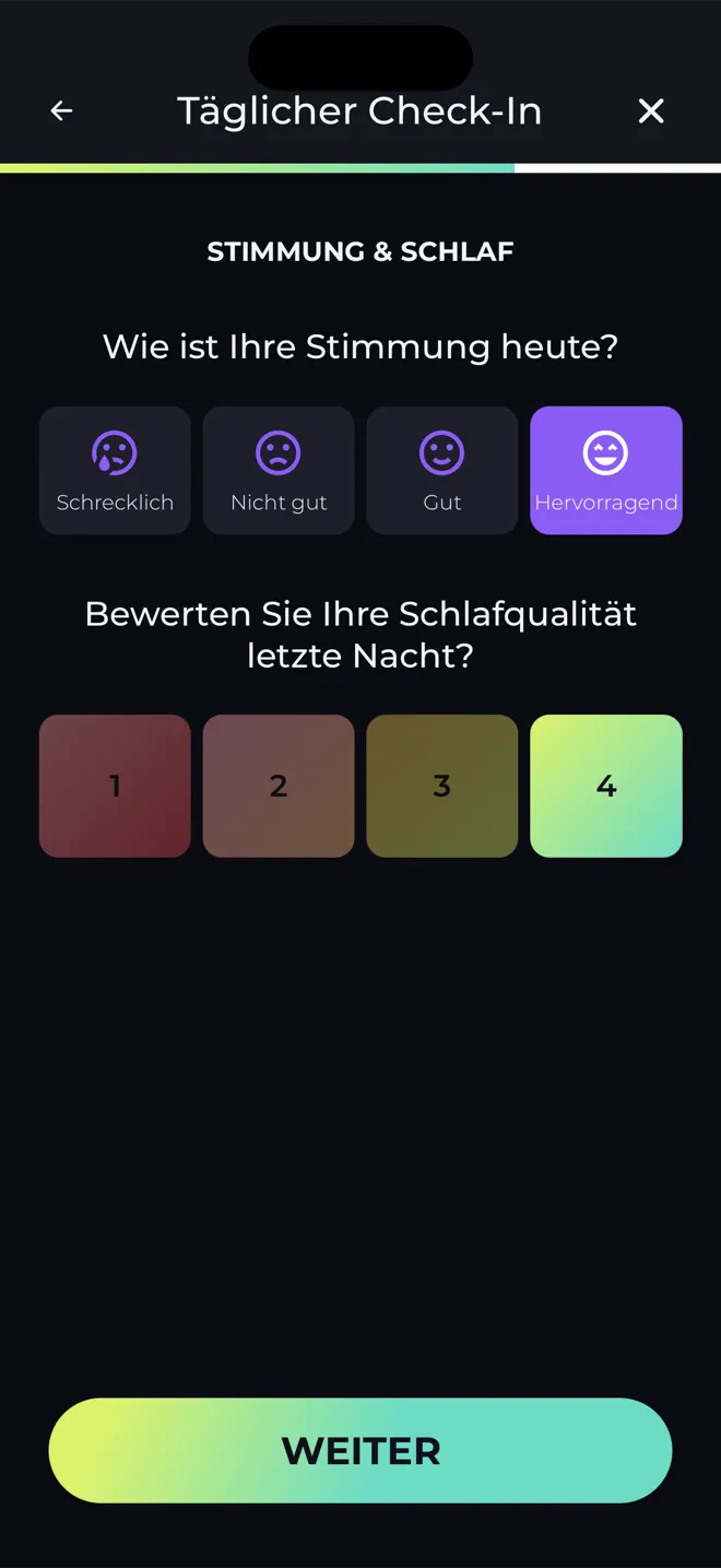 Bildschirm Täglicher Check-In in der Reboot-App mit Fragen zu deiner Stimmung heute und deiner Schlafqualität letzte Nacht