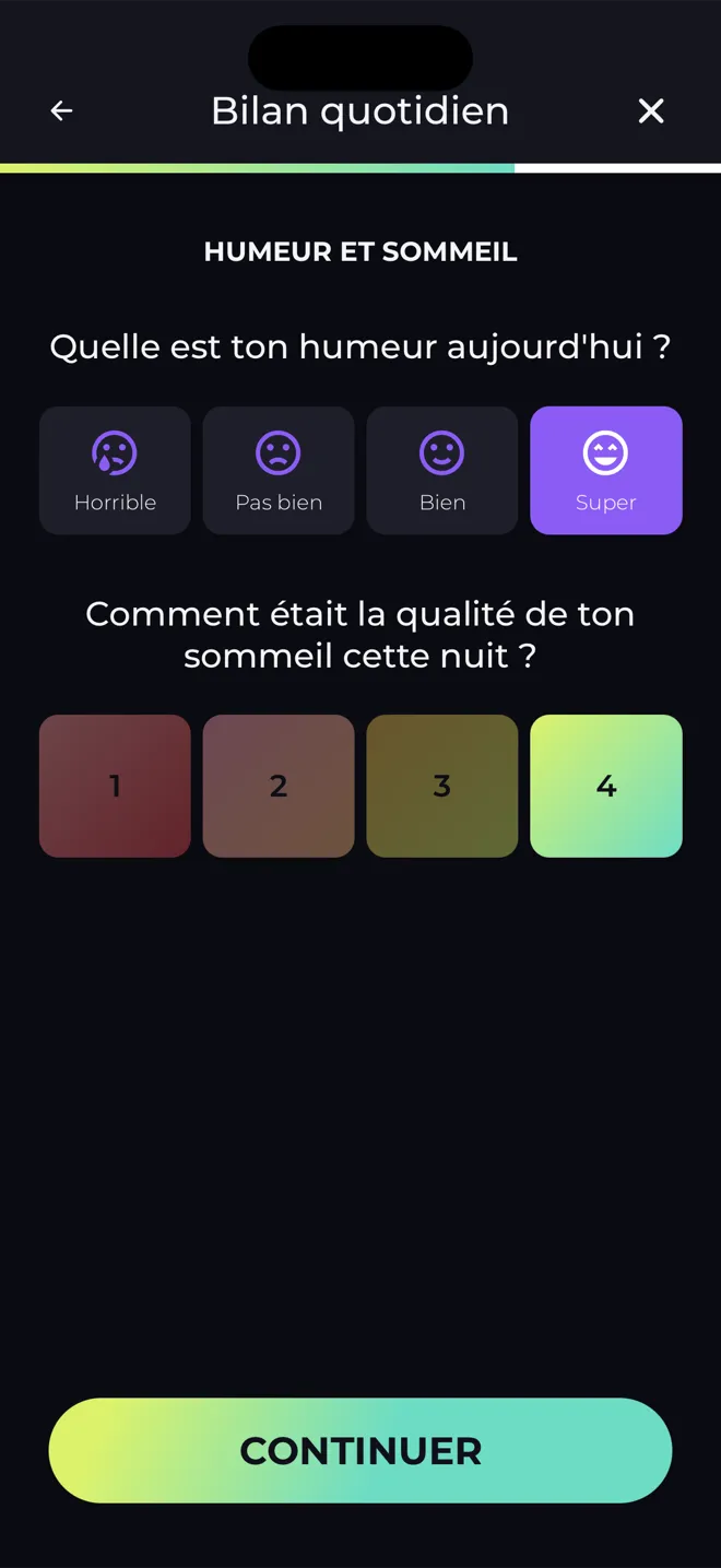 Écran du bilan quotidien de l'app Reboot qui demande ton humeur aujourd'hui et la qualité de ton sommeil cette nuit