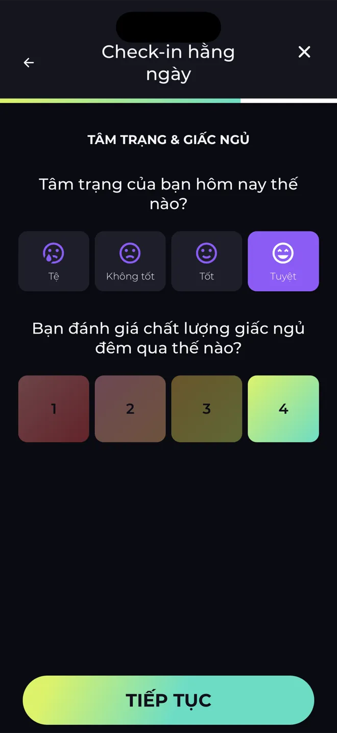 Màn hình Check-in hằng ngày trong ứng dụng Reboot hỏi về tâm trạng hôm nay và chất lượng giấc ngủ đêm qua