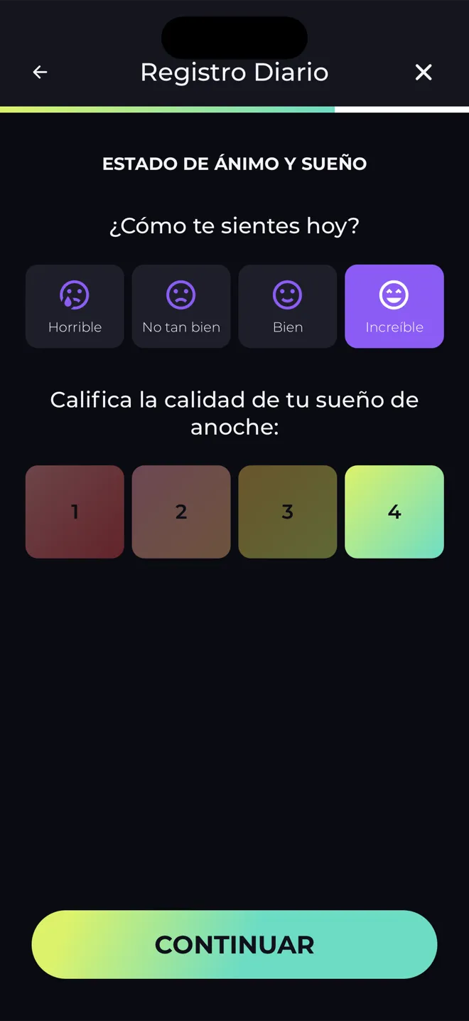 Pantalla del Registro Diario de la app Reboot que pregunta cómo te sientes hoy y cómo dormiste anoche
