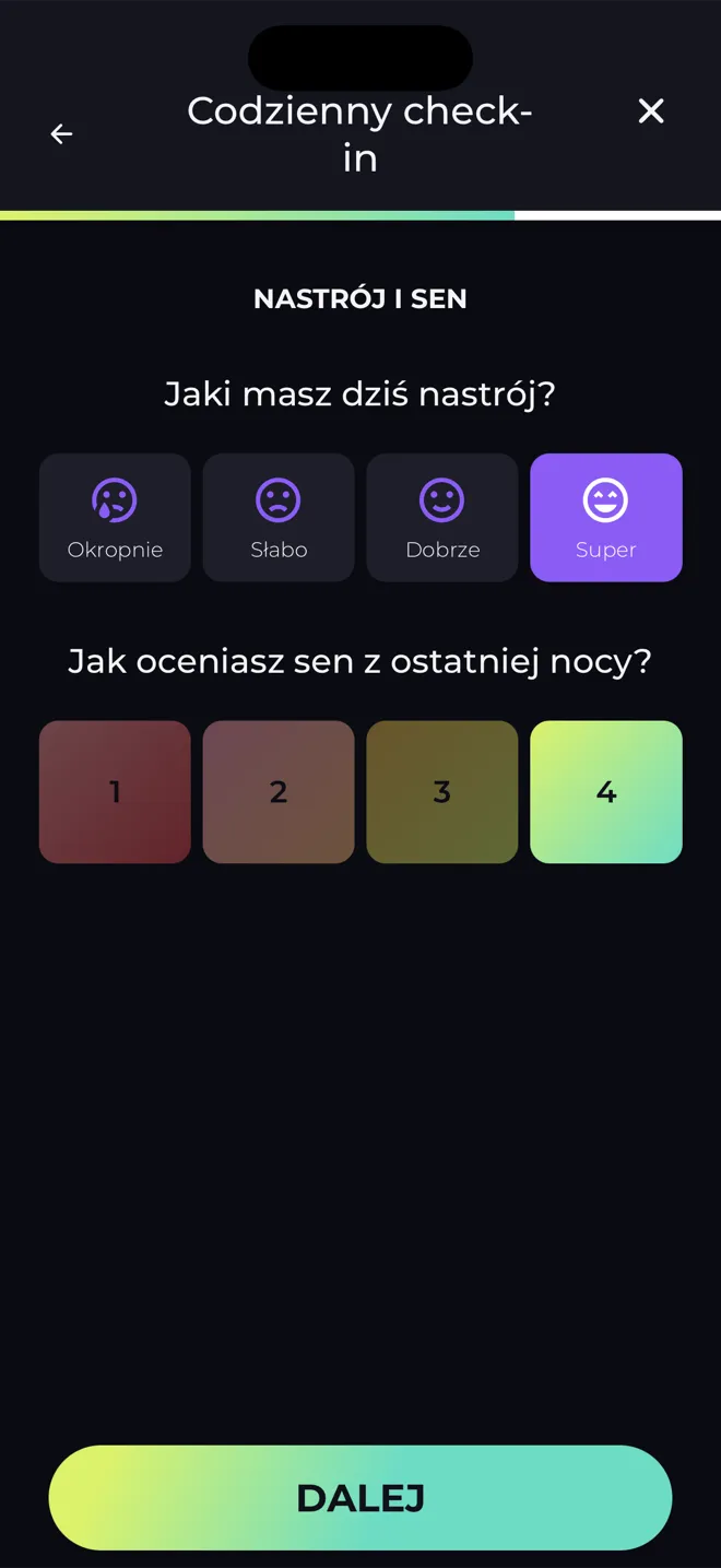 Ekran Codzienny check-in w aplikacji Reboot z pytaniami o dzisiejszy nastrój i jakość snu minionej nocy