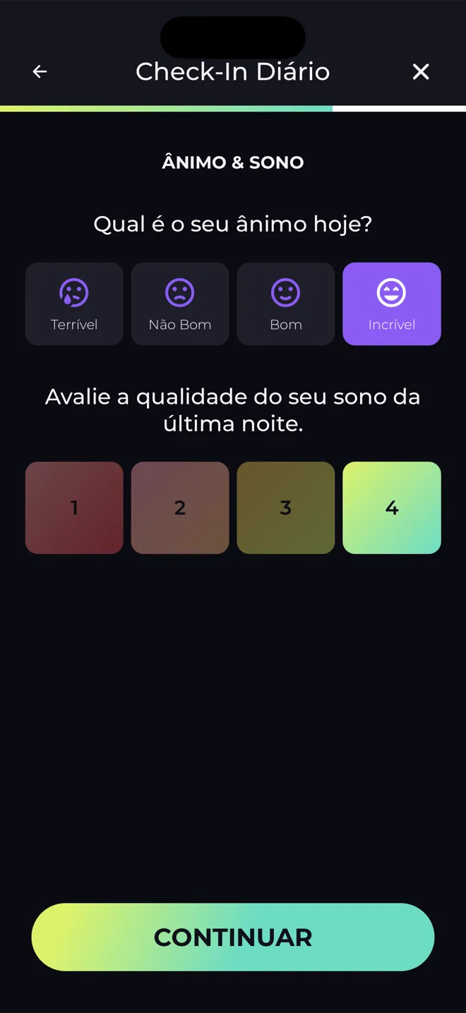Tela do Check-In Diário no app Reboot que pergunta sobre seu ânimo hoje e a qualidade do seu sono na última noite