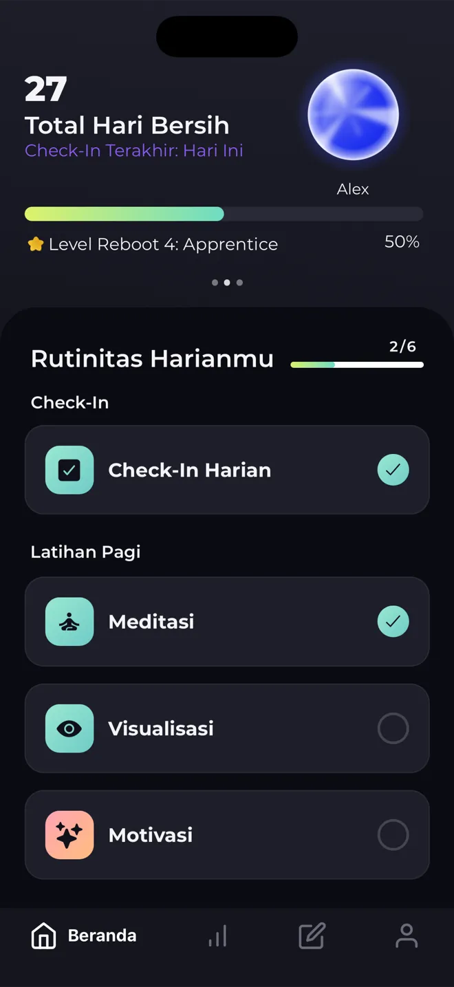 Layar utama aplikasi Reboot dengan 27 total hari bersih, orb level, bar Level Reboot 4 dan daftar rutinitas harian