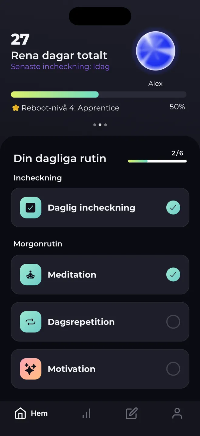 Startskärmen i Reboot-appen med 27 rena dagar totalt, nivåklotet, raden för Reboot-nivå 4 och listan över den dagliga rutinen