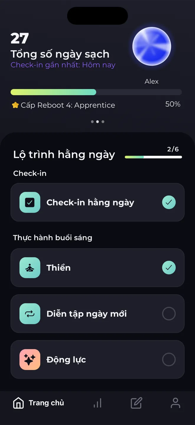 Màn hình chính của ứng dụng Reboot với 27 ngày sạch, quả cầu cấp độ, thanh Cấp Reboot 4 và danh sách lộ trình hằng ngày