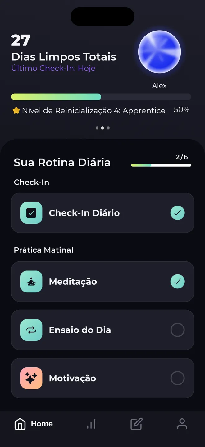 Tela inicial do app Reboot com 27 dias limpos totais, a esfera de nível, a barra do Nível 4 de Reinicialização e a lista da rotina diária
