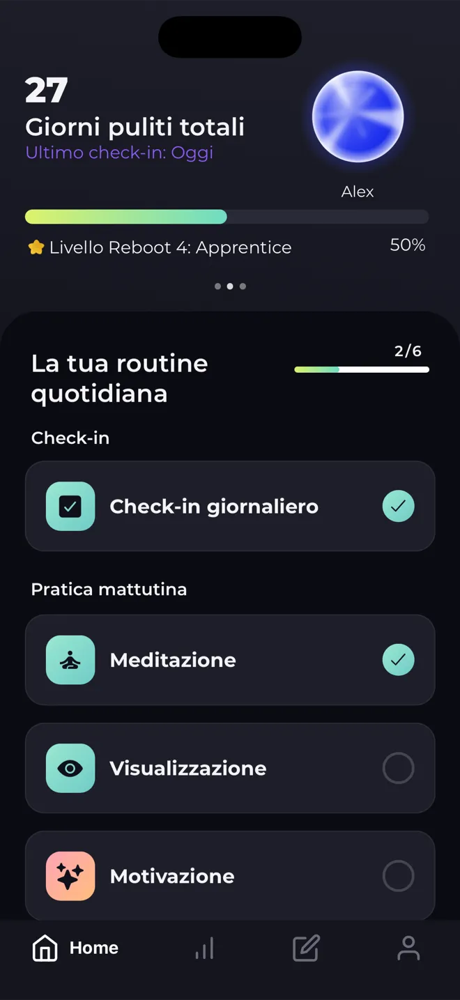 Schermata Home dell'app Reboot con 27 giorni puliti totali, la sfera del livello, la barra del Livello Reboot 4 e l'elenco della routine quotidiana
