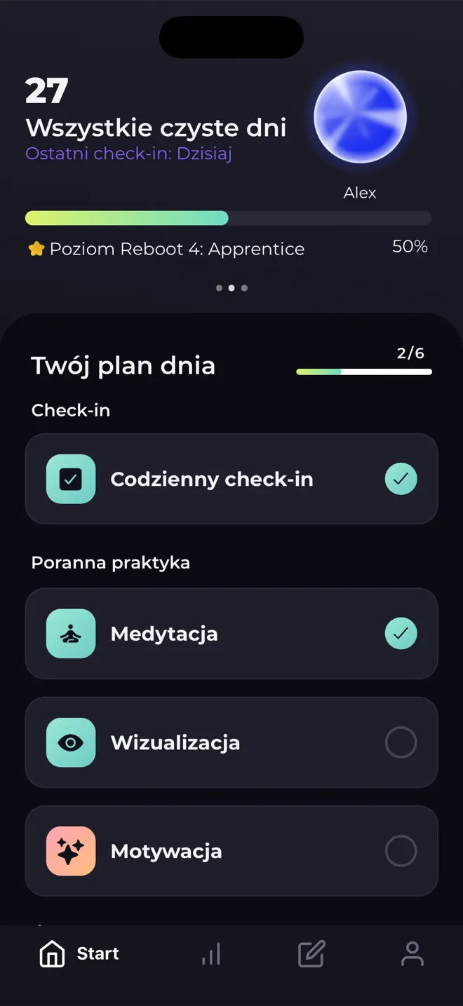 Ekran główny aplikacji Reboot z 27 czystymi dniami, kulą poziomu, paskiem poziomu 4 Reboot i listą codziennego planu dnia