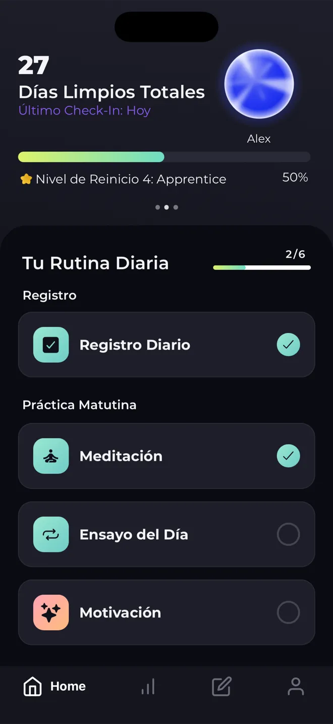 Pantalla de inicio de la app Reboot con 27 días limpios totales, la esfera de nivel, la barra del Nivel de Reinicio 4 y la lista de la rutina diaria