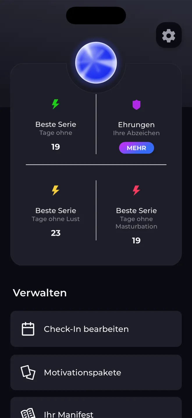 Profilbildschirm in der Reboot-App mit der Level-Kugel, den besten Serien und einem Link zu deinen Abzeichen