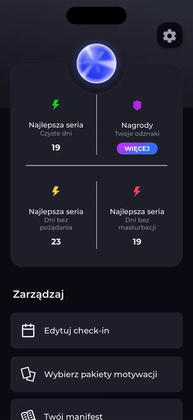 Ekran profilu w aplikacji Reboot z kulą poziomu, najlepszymi seriami i linkiem do odznak