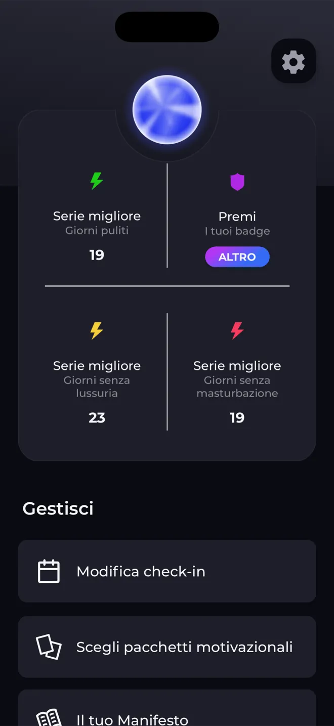 Schermata del profilo nell'app Reboot con la sfera del livello, le serie migliori e un link ai tuoi badge