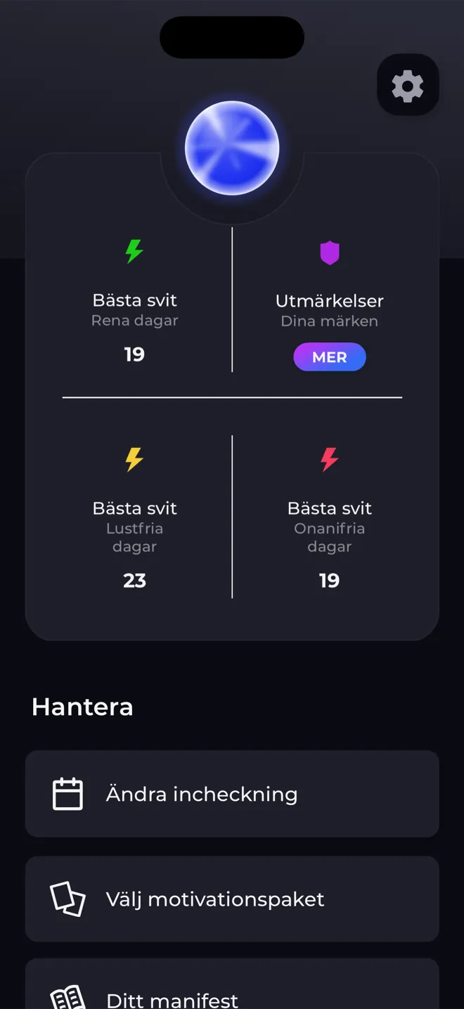 Profilskärmen i Reboot-appen med nivåklotet, dina bästa sviter och en länk till dina märken