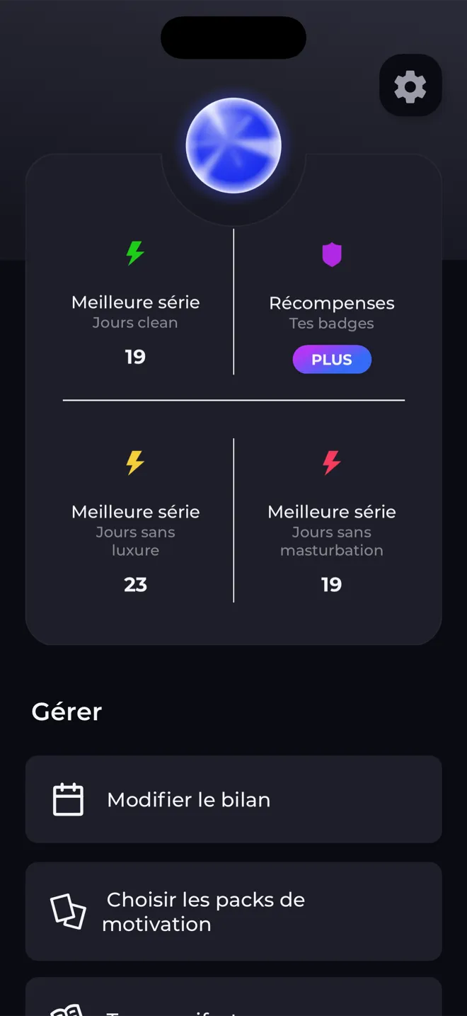Écran de profil de l'app Reboot avec l'orbe de niveau, les meilleures séries et un lien vers tes badges