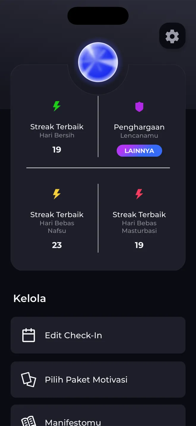 Layar profil di aplikasi Reboot dengan orb level, streak terbaik dan tautan ke lencanamu
