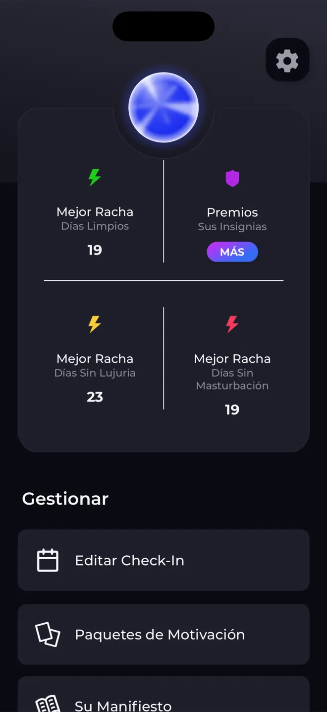 Pantalla de perfil de la app Reboot con la esfera de nivel, las mejores rachas y un enlace a tus insignias