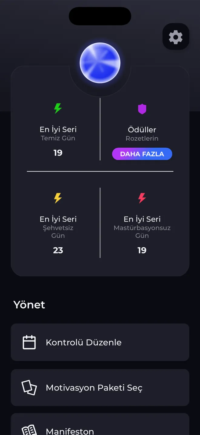 Reboot uygulamasındaki profil ekranı: seviye küresi, en iyi serilerin ve rozetlerine giden bağlantı
