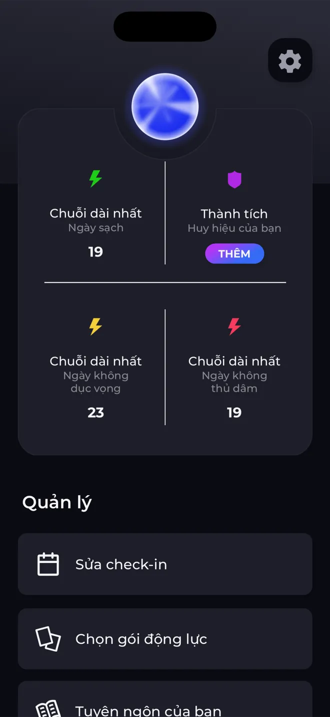 Màn hình hồ sơ trong ứng dụng Reboot với quả cầu cấp độ, chuỗi dài nhất và liên kết đến huy hiệu của bạn