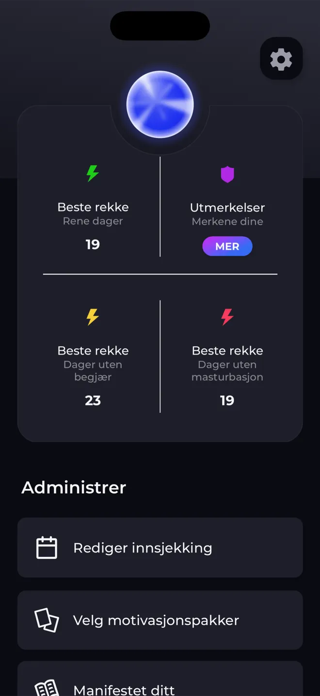 Profilskjermen i Reboot-appen med nivåkulen, de beste rekkene dine og en lenke til merkene dine