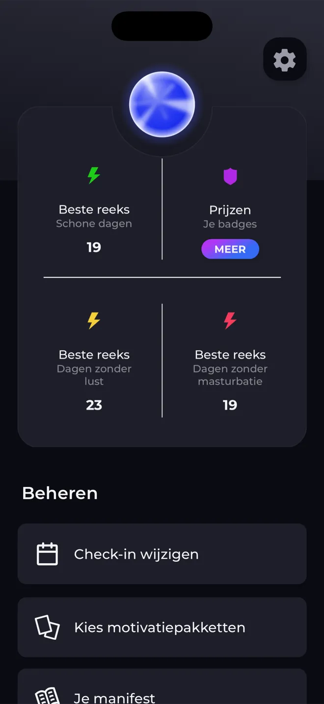 Profielscherm in de Reboot-app met de levelbol, je beste reeksen en een link naar je badges