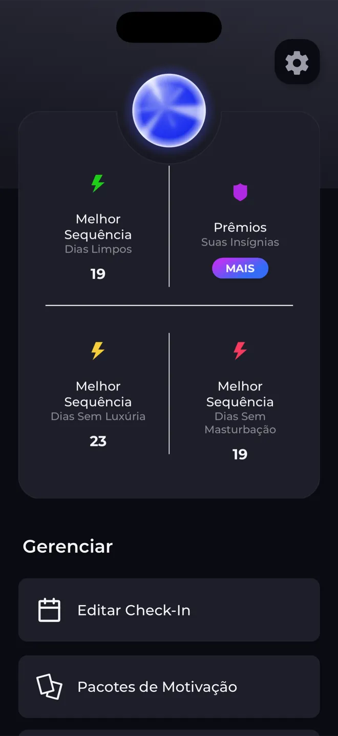 Tela de perfil no app Reboot com a esfera de nível, as melhores sequências e um link para seus distintivos