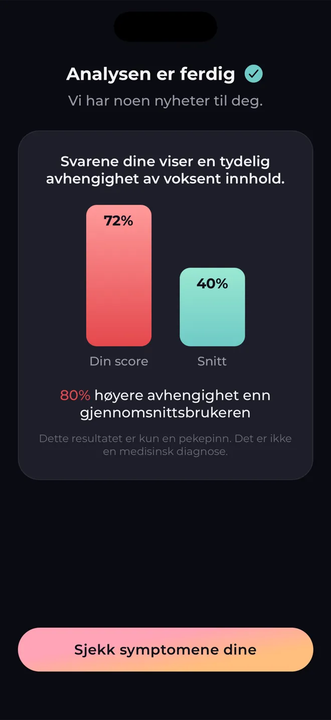 Analyseskjerm i Reboot-appen som sammenligner scoren din med gjennomsnittet og sier at resultatet ikke er en medisinsk diagnose