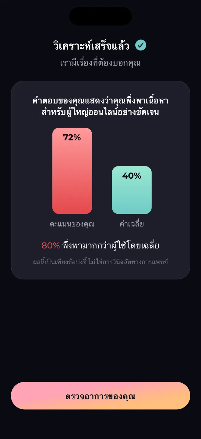 หน้าการวิเคราะห์ในแอป Reboot ที่เทียบคะแนนของคุณกับผู้ใช้โดยเฉลี่ย และบอกว่าผลนี้ไม่ใช่การวินิจฉัยทางการแพทย์