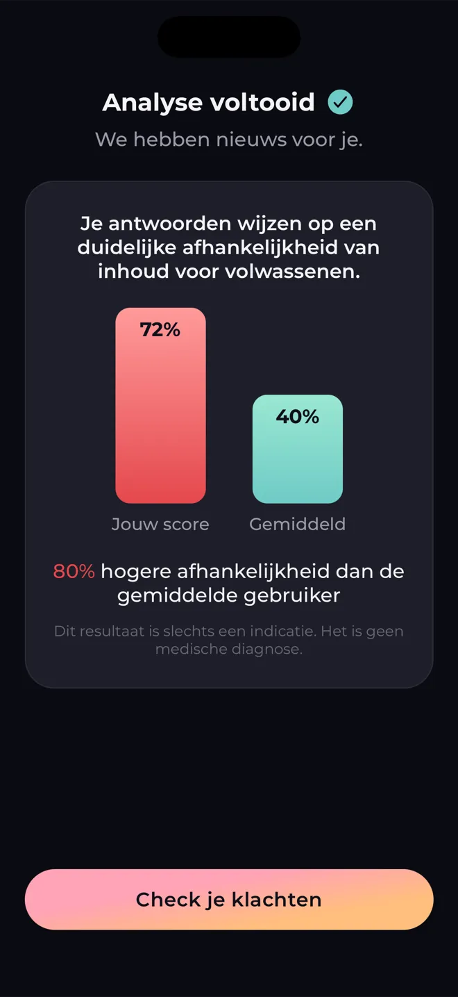 Analysescherm in de Reboot-app dat je score vergelijkt met de gemiddelde gebruiker en zegt dat het resultaat geen medische diagnose is