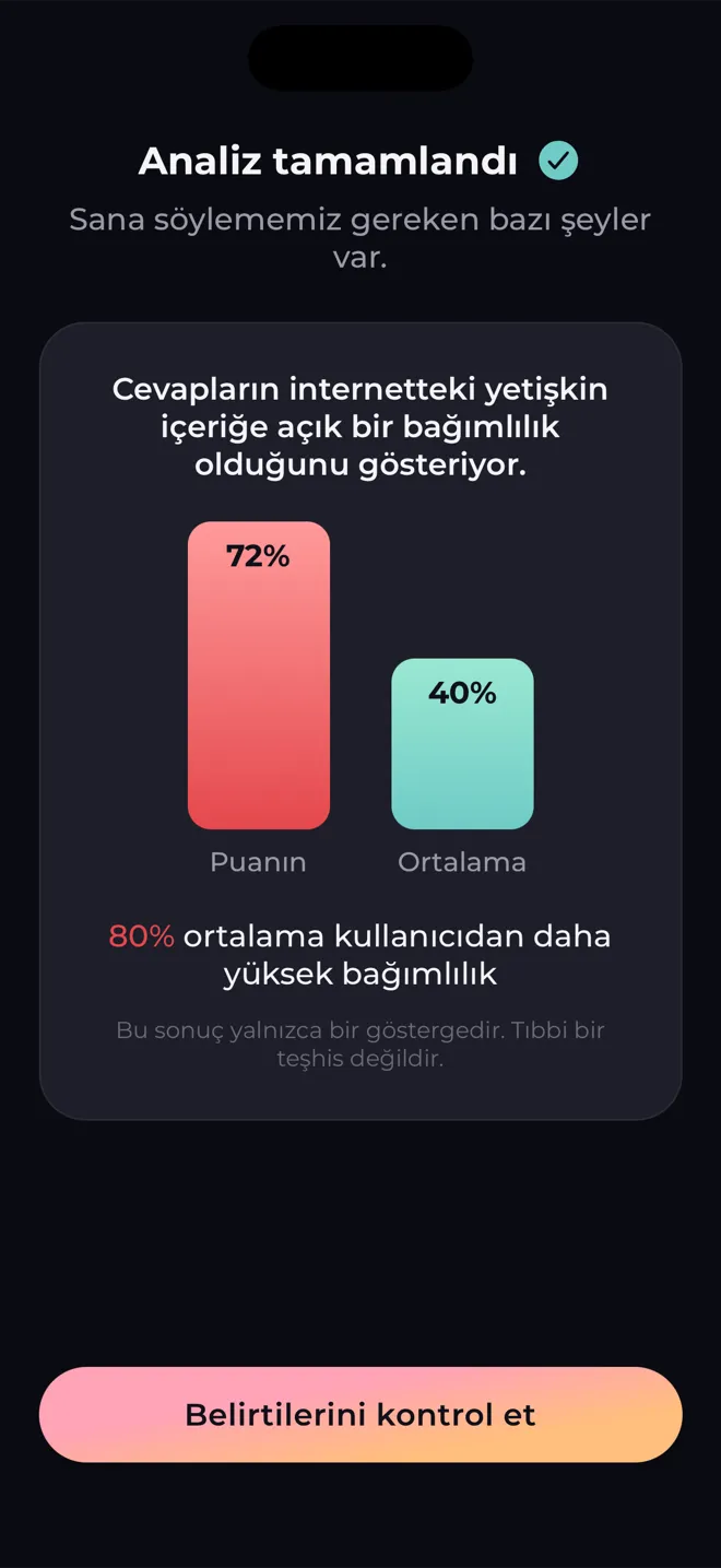 Reboot uygulamasındaki analiz ekranı: puanını ortalama kullanıcıyla karşılaştırır ve sonucun tıbbi bir teşhis olmadığını söyler
