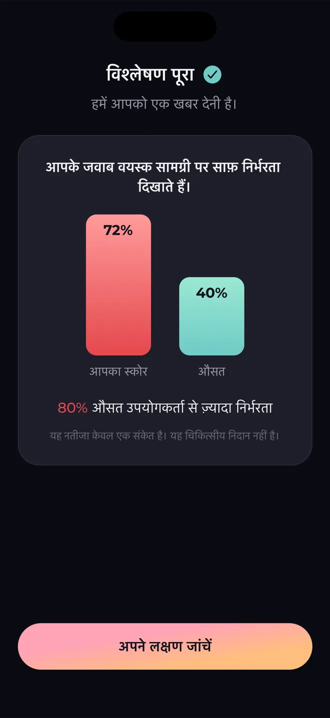 Reboot ऐप की विश्लेषण स्क्रीन, जो आपका स्कोर औसत उपयोगकर्ता से तुलना करती है और बताती है कि नतीजा चिकित्सकीय निदान नहीं है
