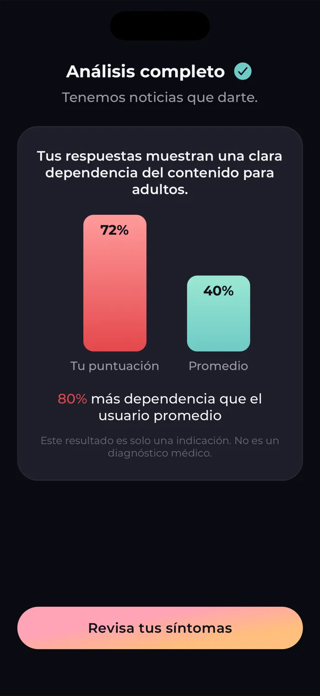 Pantalla de análisis de la app Reboot que compara tu puntuación con la del usuario medio y dice que el resultado no es un diagnóstico médico