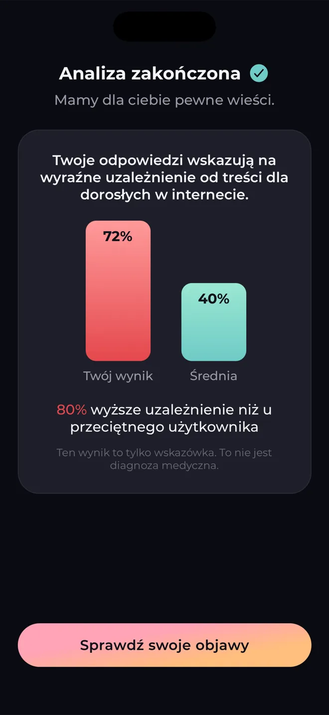 Ekran analizy w aplikacji Reboot, który porównuje twój wynik ze średnią i mówi, że wynik nie jest diagnozą medyczną