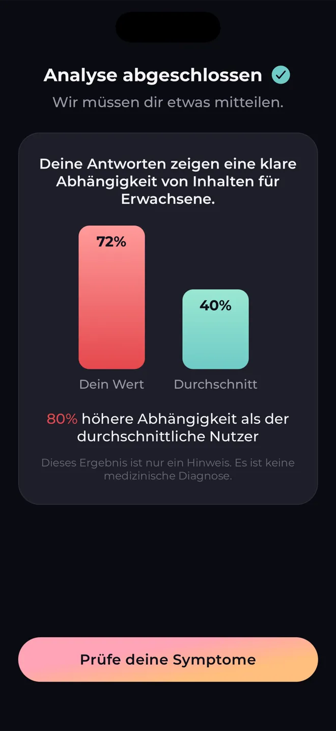 Analysebildschirm in der Reboot-App, der deinen Wert mit dem Durchschnitt vergleicht und sagt, dass das Ergebnis keine medizinische Diagnose ist
