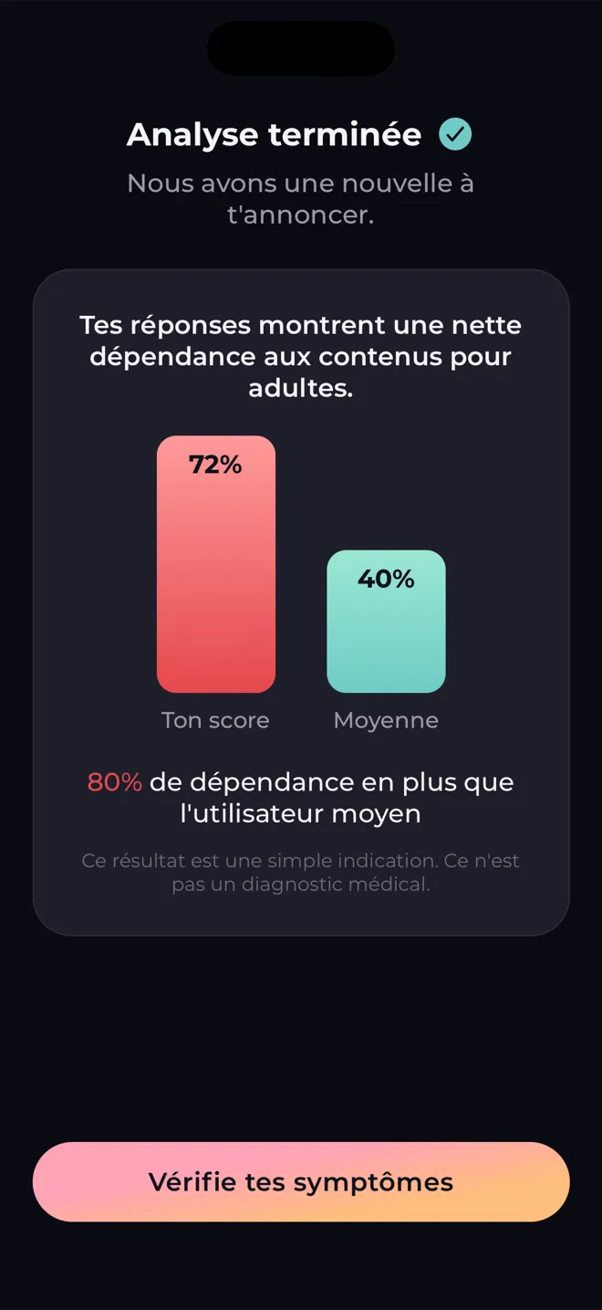 Écran d'analyse de l'app Reboot qui compare ton score à celui de l'utilisateur moyen et précise que le résultat n'est pas un diagnostic médical